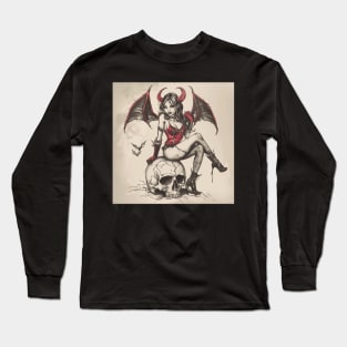 Demon Woman Sitting on Skull Vintage Sketch Long Sleeve T-Shirt